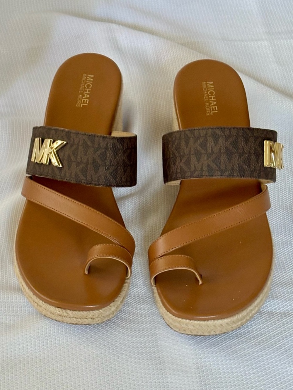 Michael Kors Sidney Mid Wedge Espadrille Sandals, brown monogram logo & tan